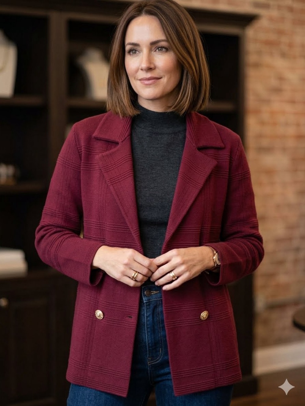 Anne Klein Double-Breasted Wool-Blend Cardigan/Blazer in Burgundy